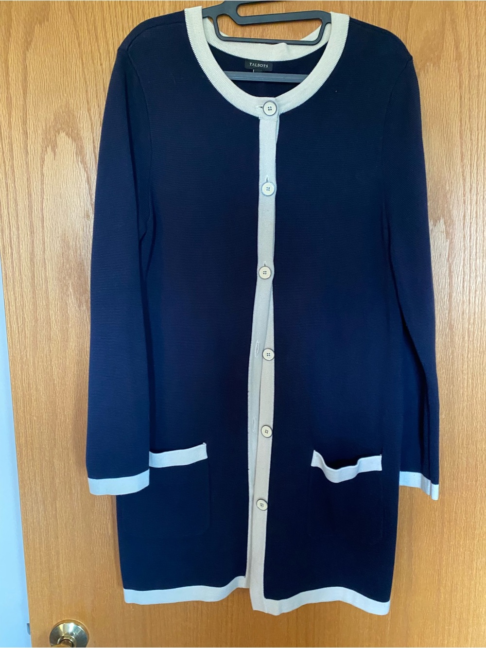 Talbots Navy and White Long Button Cardigan